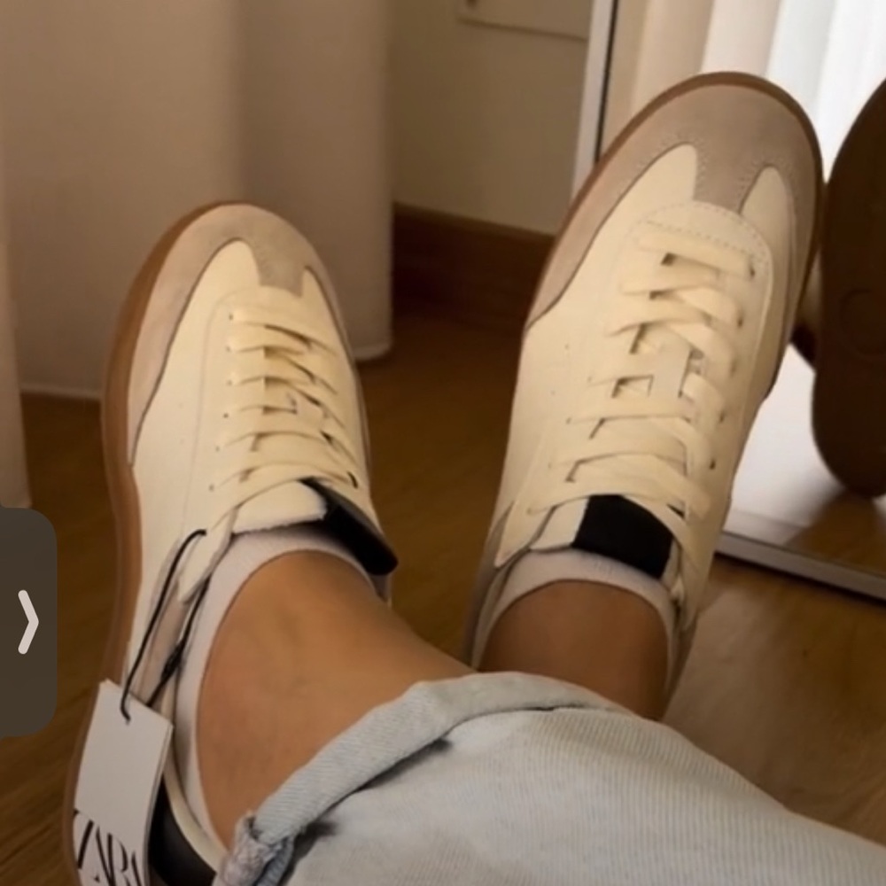 Zara Women's Mixed leather Cream and Black Sneakers. Check the description.